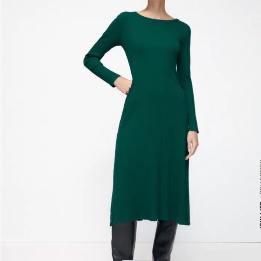 Zara Ribbed Knit Midi Dress Long Sleeve Green Size M